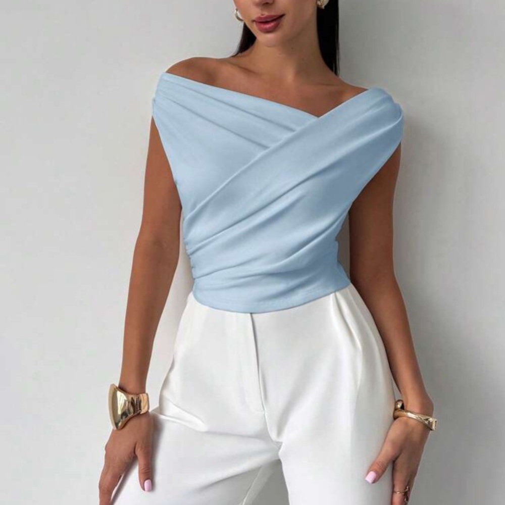 Elegant Blue Off-Shoulder Asymmetrical Neck Blouse